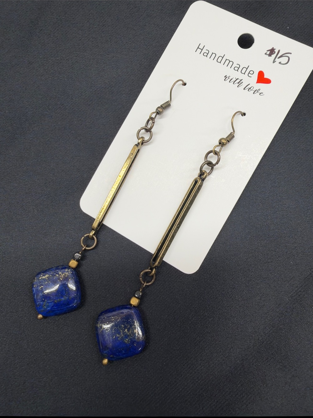NEW Handmade Blue Stone Drop Earrings with Antique Gold Accents